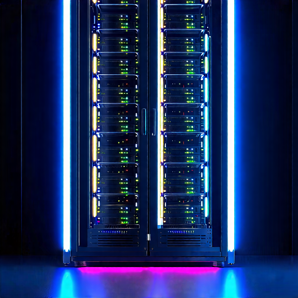 Tech Product Photography: Server Rack With Neon Accents With Large, Blue
