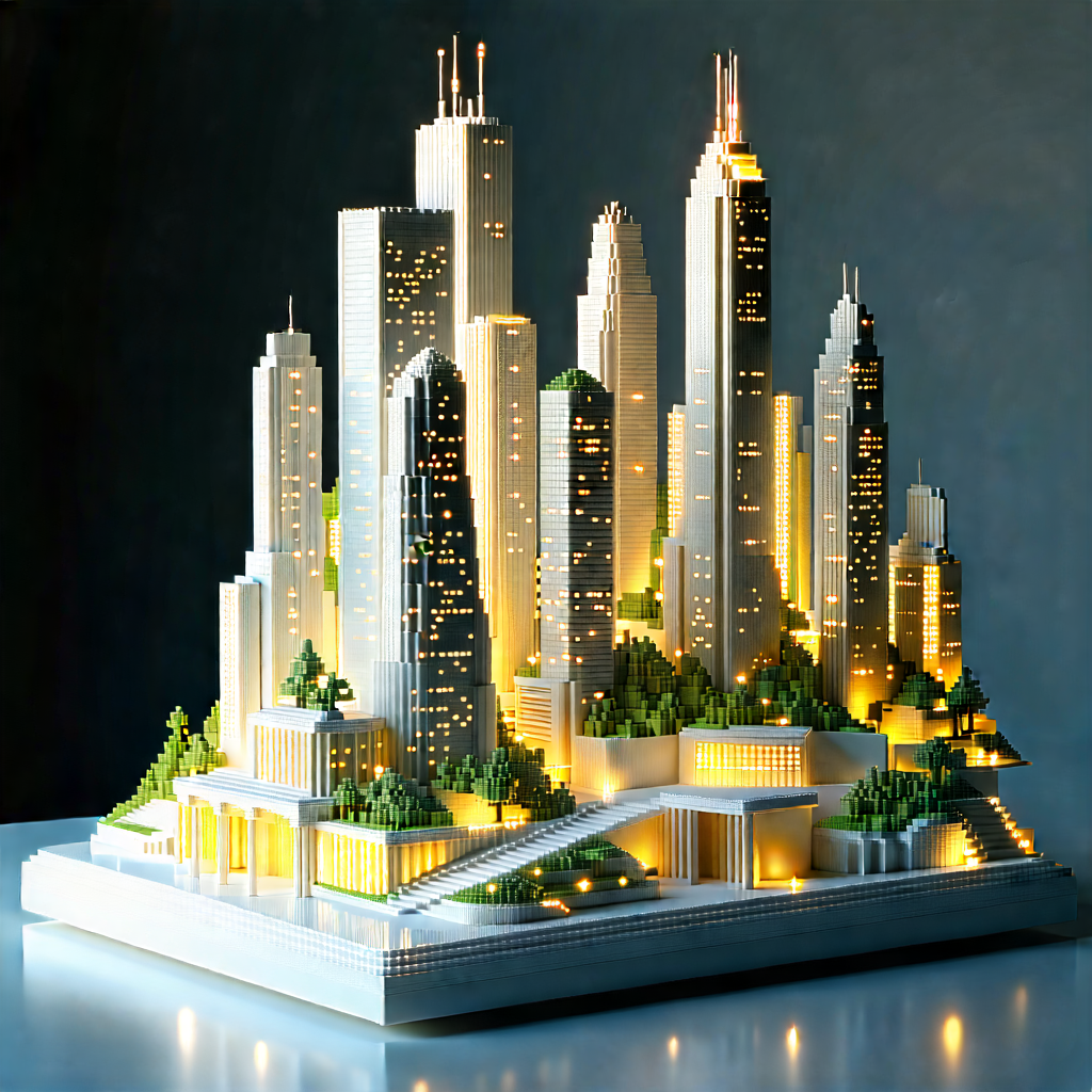 Urban Voxel Art: Modern Sculpture With (city:1.49) Lights With Model City