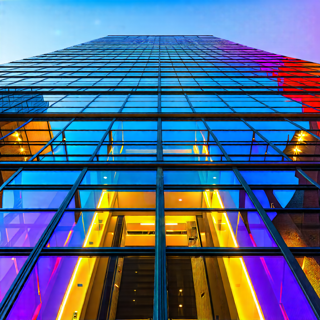 Urban Hdr Photography: Glass Office Tower With Ornate Details With Large Building