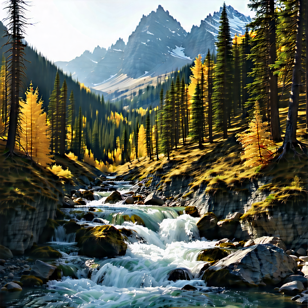 Nature 3d Render: Mountain Stream Surrounded By Autumn Trees With Beautiful Mountain