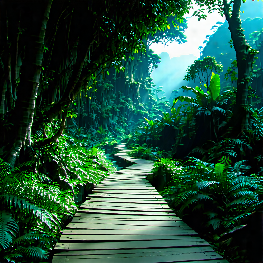 Nature Editorial Photography: Path Through Tropical Jungle With Wooden Pathway
