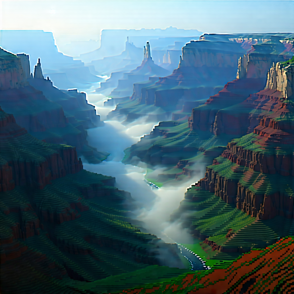 Nature Voxel Art: (mist:1.37) Over Canyon Floor With Computer-generated, Model