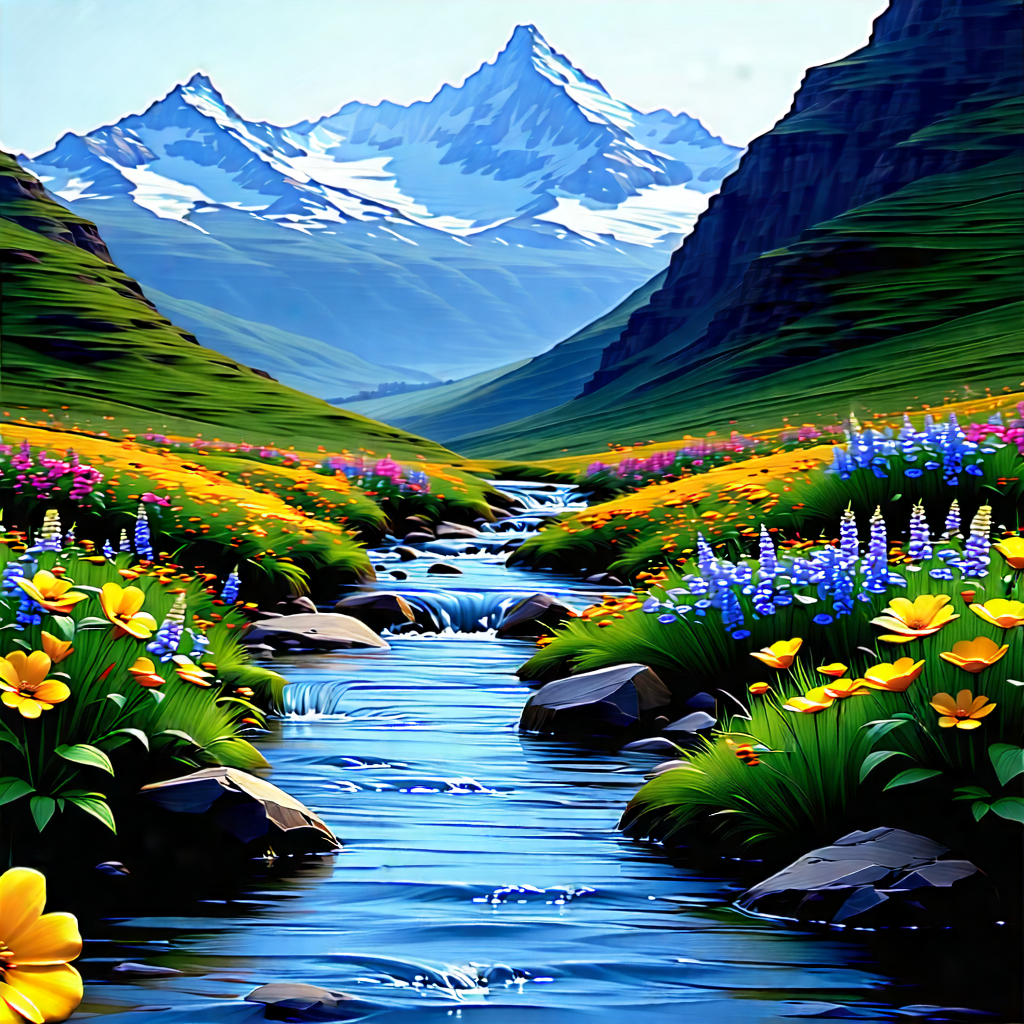 Nature Advertising Photography: (mountain:1.46) Stream Surrounded By Wildflowers With Beautiful Mountain