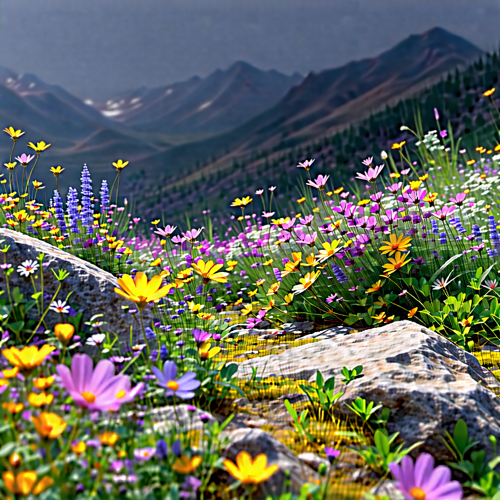 Nature Cinema 4d: Wildflowers In Rocky Terrain With Beautiful Mountain
