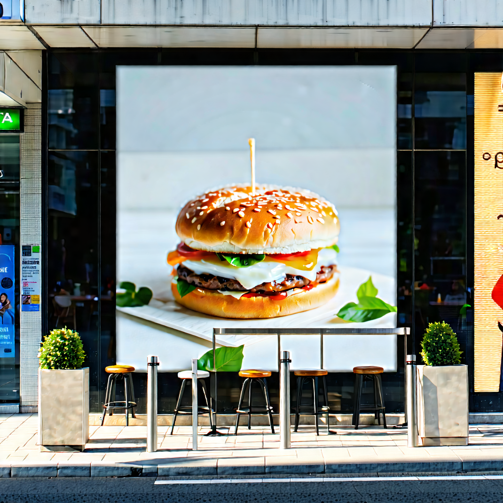 Urban Advertising Photography: Urban Street With Outdoor Seating With Large Picture