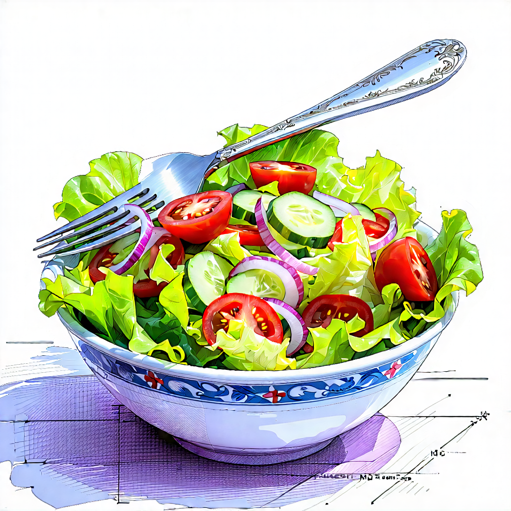Lifestyle Ink Drawing: Fresh Salad Prepared With Artistic Presentation With Large Bowl