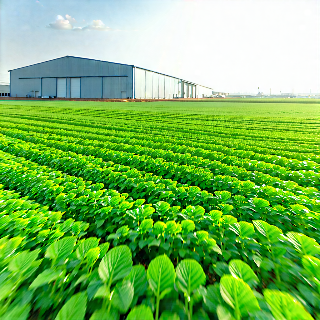 Tech Tilt-shift Photography: Agricultural Technology In Manufacturing Facility With Large Field