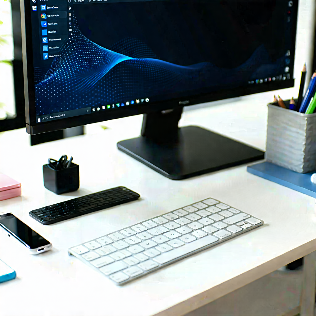 Business Commercial Photography: Workplace with productivity tools on desk