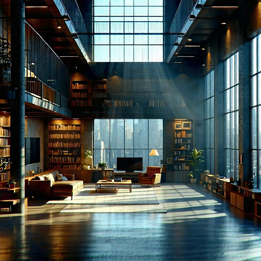 Urban Architectural Photography: Urban loft with (dramatic:1.44) (lighting:1.3)