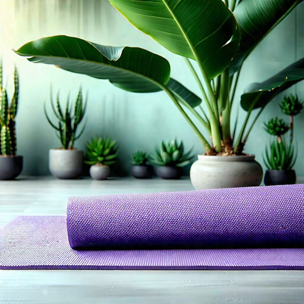 Lifestyle Advertising Photography: Wellness Scene With Yoga Mat And Plants With Purple Yoga