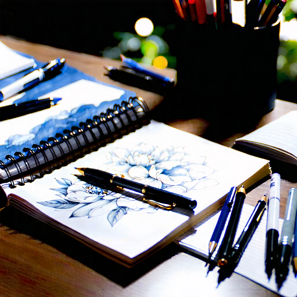 Business Ink Drawing: Workplace With Notebooks And Pens On Desk With Wooden Table