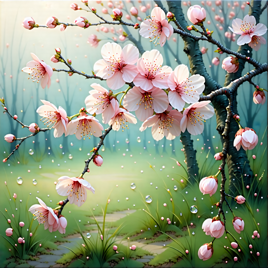 Nature Gouache Painting: Cherry Blossoms In Natural Setting With Beautiful Tree