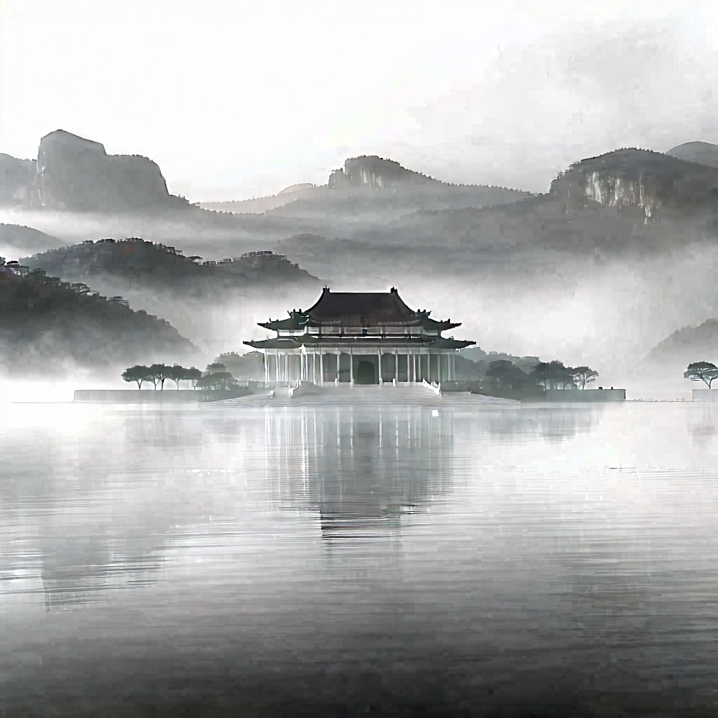 Urban 3d Render: Cultural Center With Morning Mist With Large Building