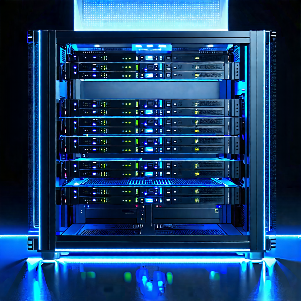 Tech Acrylic Painting: Server Rack With Holographic Projection With Large Blue
