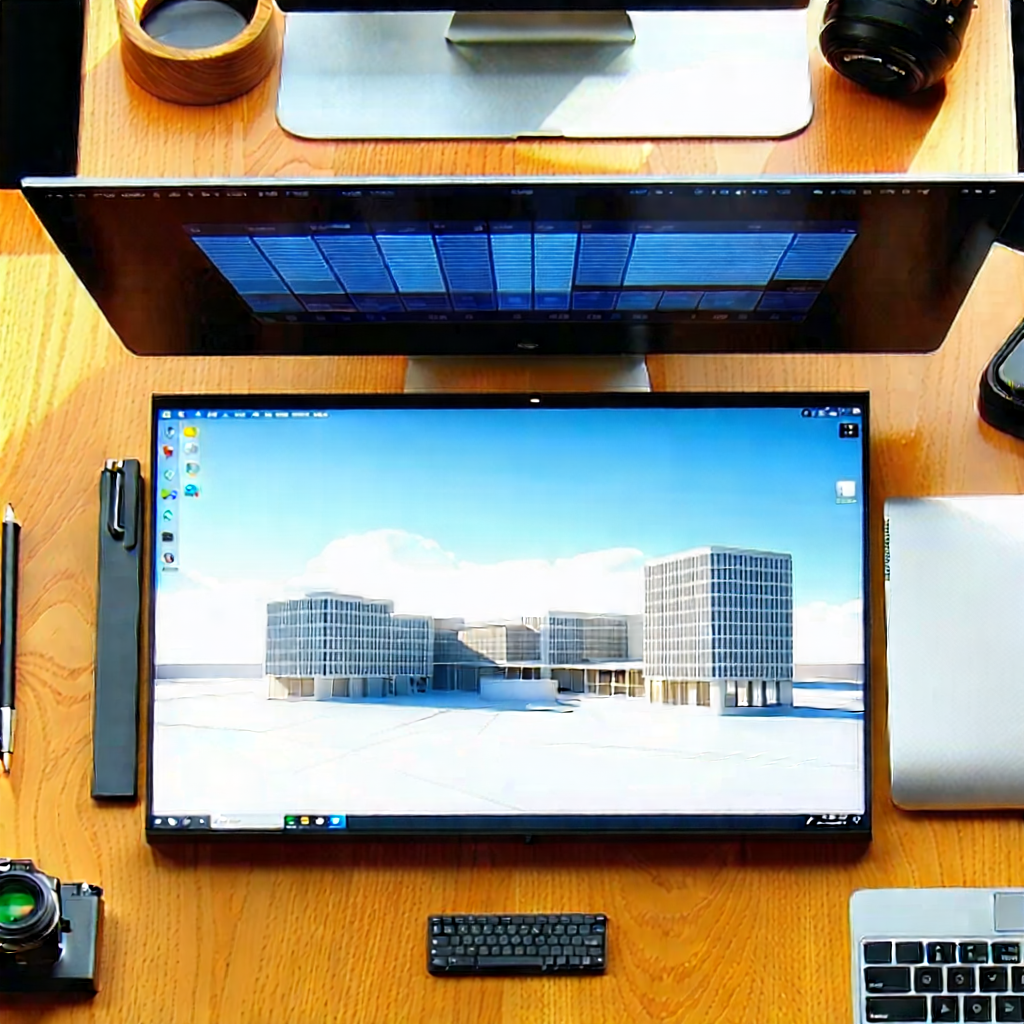 Business Aerial Photography: Workplace with digital devices on desk