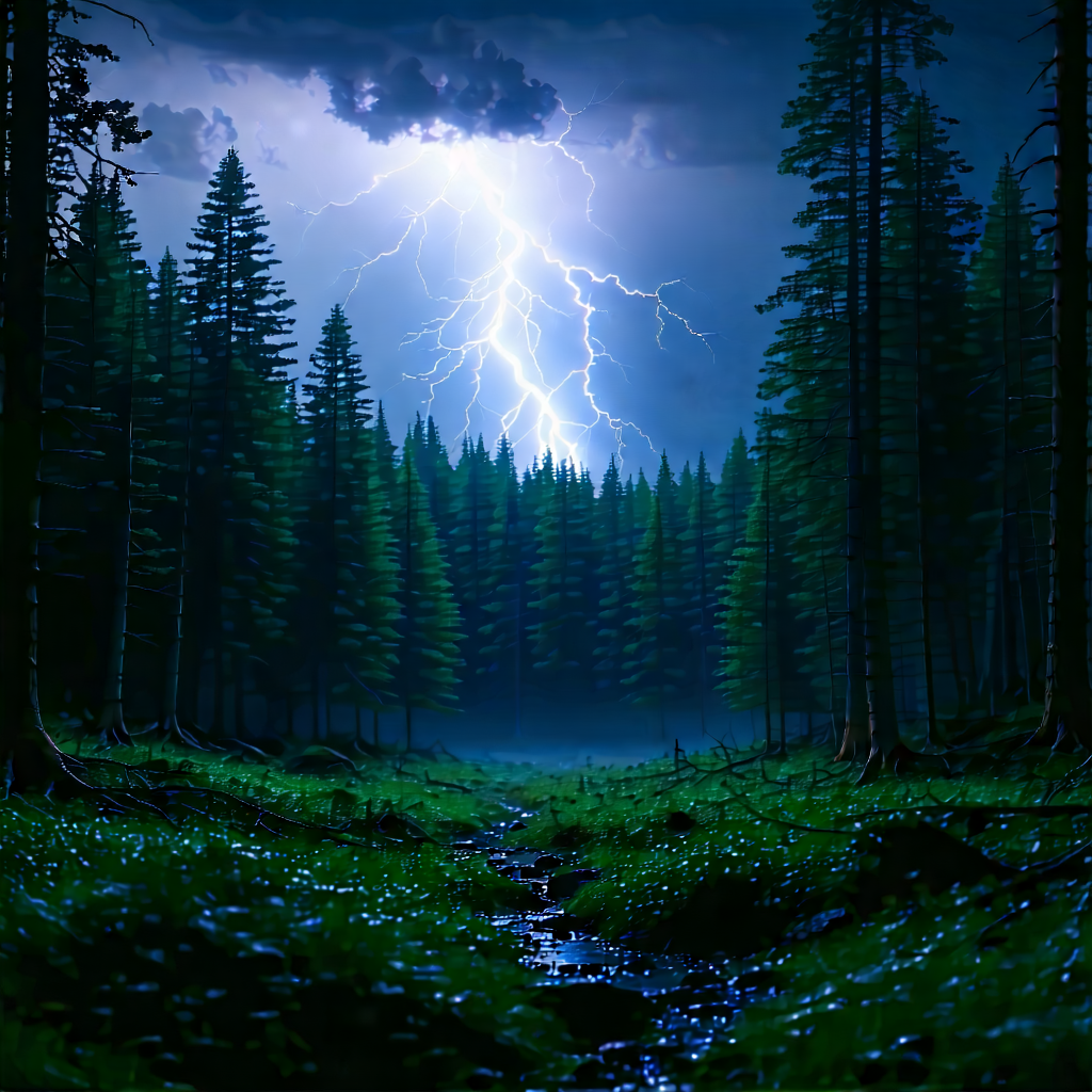 Nature Unreal Engine: Lightning over (forest:1.32) clearing