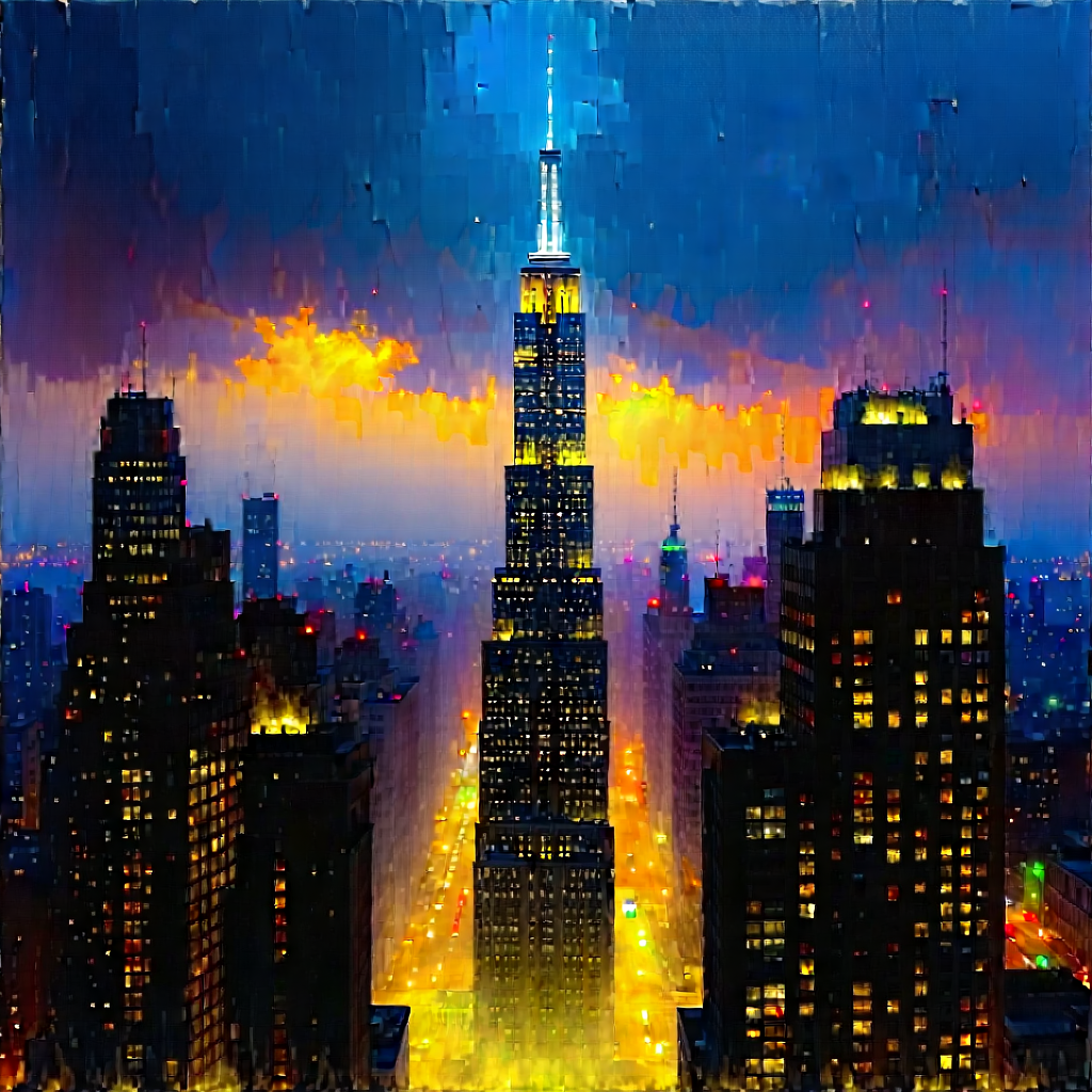 Urban Oil Painting: Skyscraper With (dramatic:1.39) Lighting With Painting Cityscape