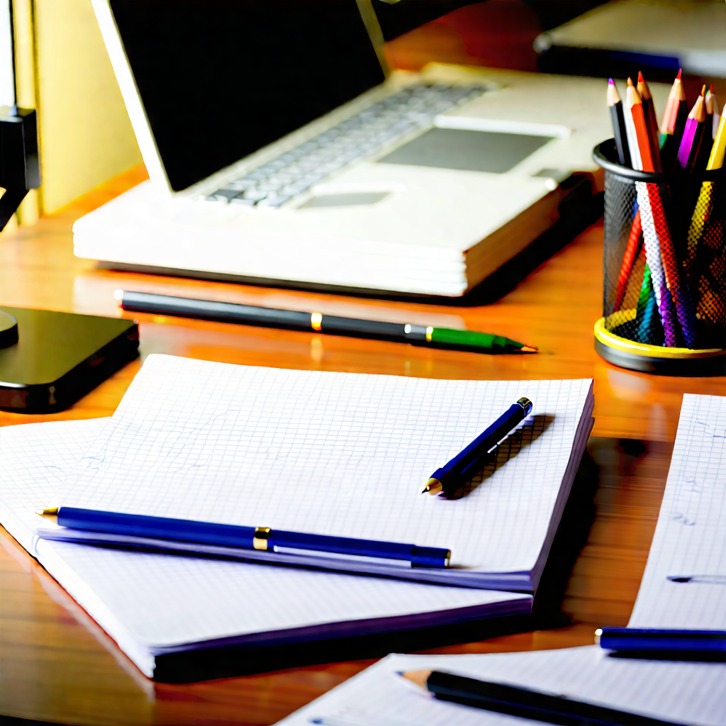 Business Low Poly: Workplace With Notebooks And Pens On Desk With Wooden Desk