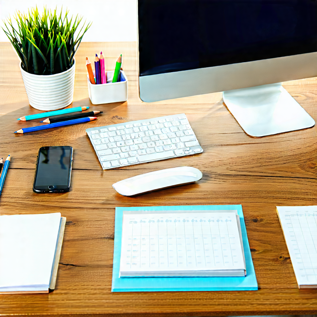 Business Architectural Photography: Workplace With Productivity Tools On Desk With Wooden Desk