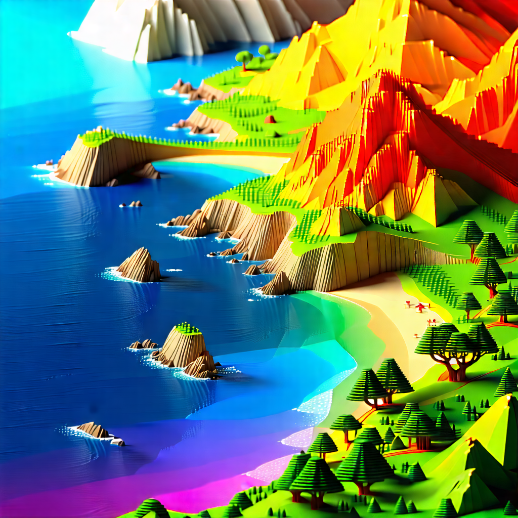 Nature Isometric Design: Rainbow Over Coastline With Colorful, Three-dimensional