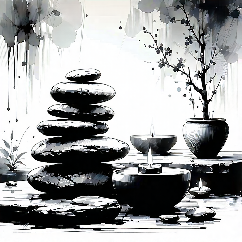 Lifestyle Ink Drawing: Wellness Scene With Aromatherapy With Table Variety