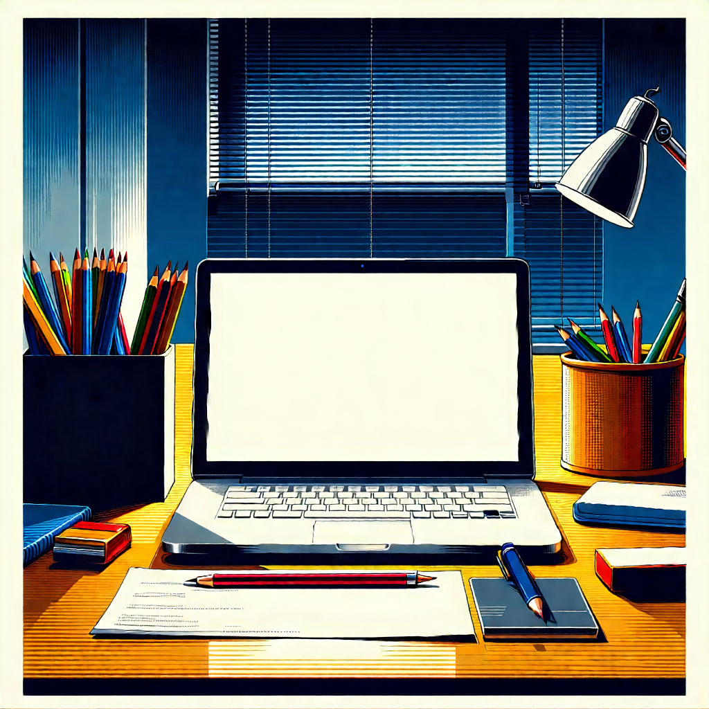 Business Woodcut Print: Workplace With (modern:1.14) Office Supplies On Desk With Laptop Computer