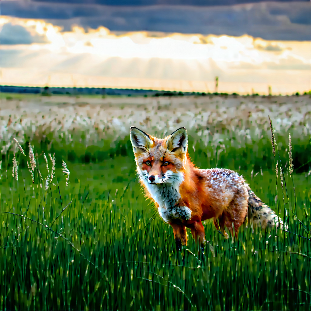Nature Macro Photography: Fox In Prairie Grassland With Small Standing