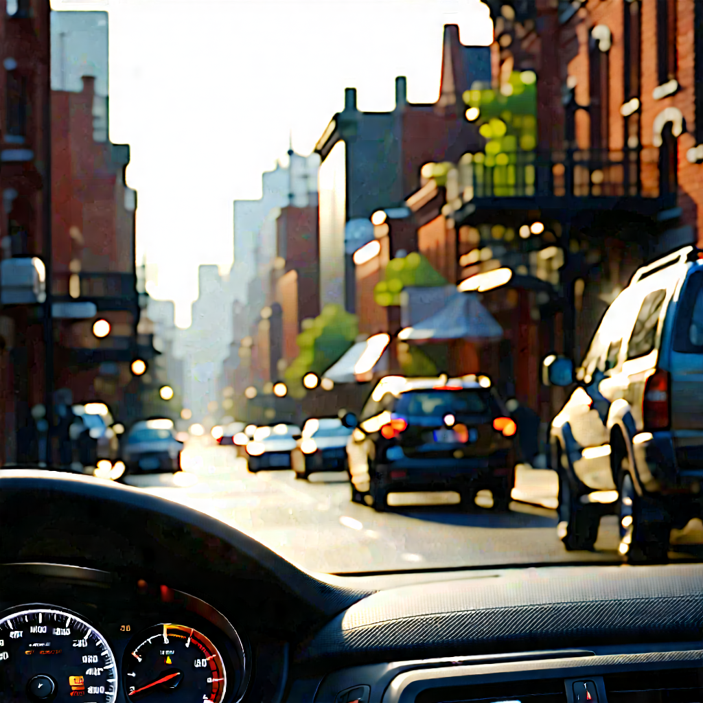 Urban Digital Illustration: City Rideshare In Quiet Side Street With Busy City