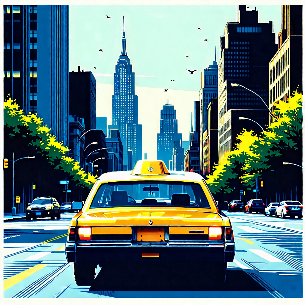 Urban Linocut Print: City Rideshare In Main Avenue With Colorful Painting