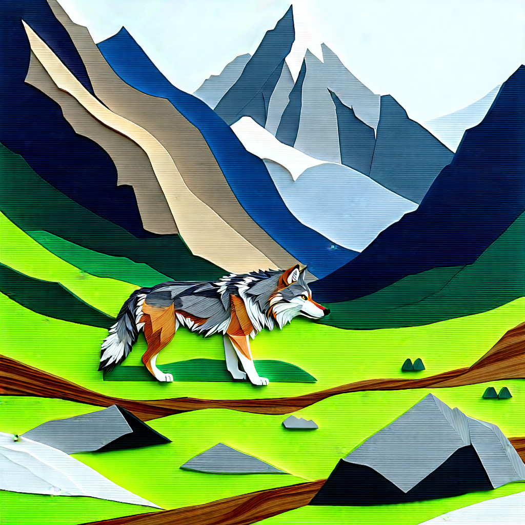 Nature Gouache Painting: Wolf in mountain terrain