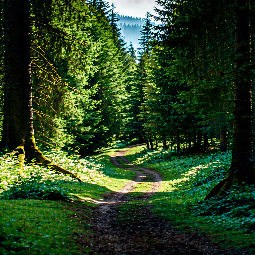 Nature Tilt-shift Photography: Path Through Dense Forest With Dirt Road