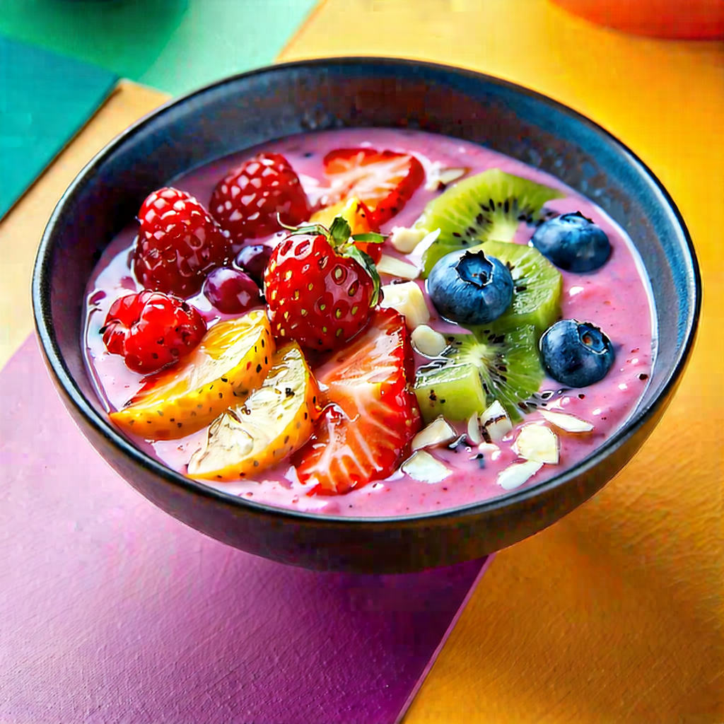 Lifestyle Tilt-shift Photography: Smoothie Bowl Prepared With (vibrant:1.19) Colors With Bowl Filled