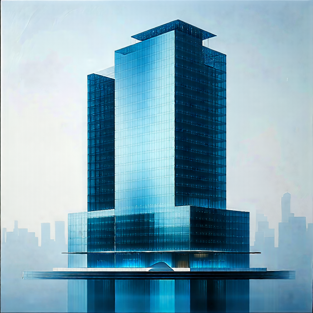 Urban Gouache Painting: Glass Office Tower With Minimalist Design With Large, Blue