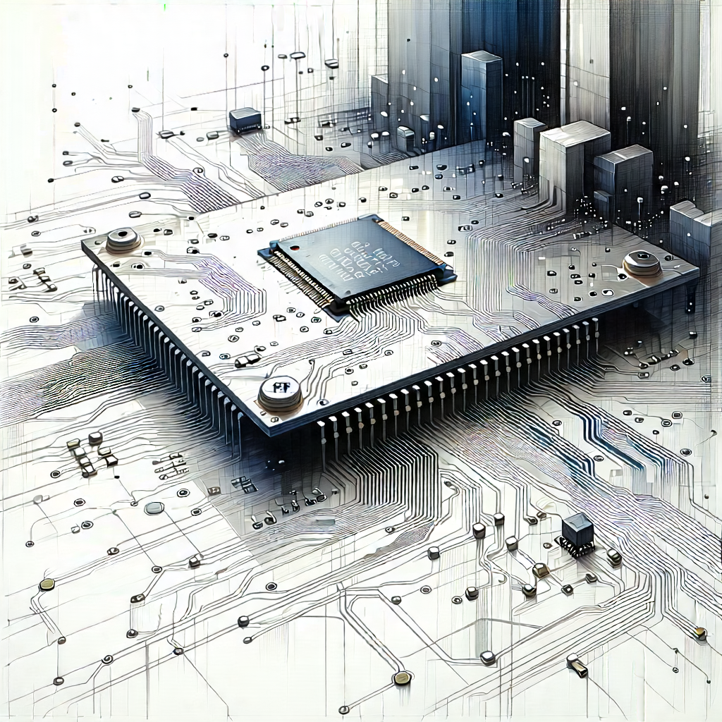 Tech Pencil Sketch: Circuit board with data streams