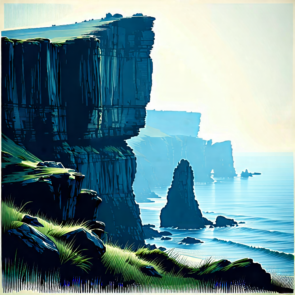Nature Linocut Print: Coastal Cliff During Foggy Morning With Painting Beautiful