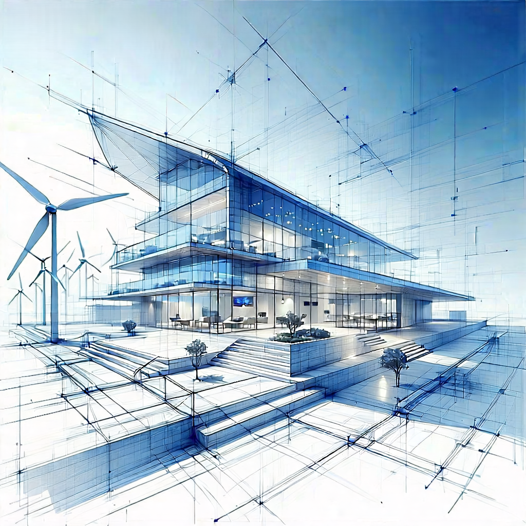 Tech Pencil Sketch: Innovative Renewable Energy (design:1.2) With Blue White