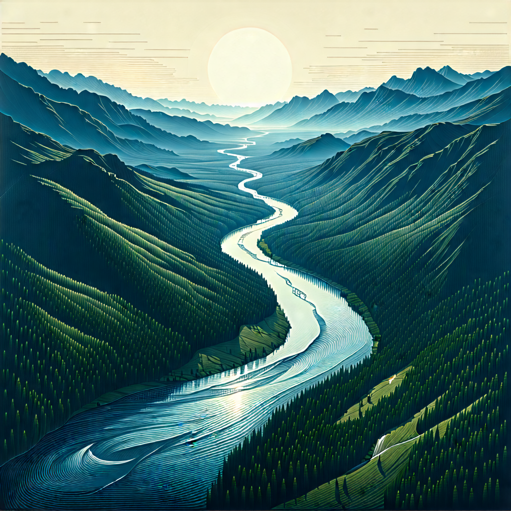 Nature Woodcut Print: Aerial View Of Winding River With Beautiful Painting