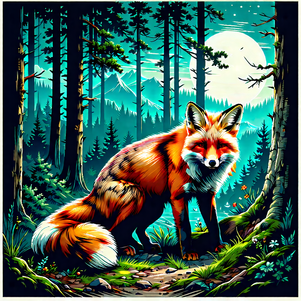 Nature Woodcut Print: Fox In Natural Habitat With Standing Forest,