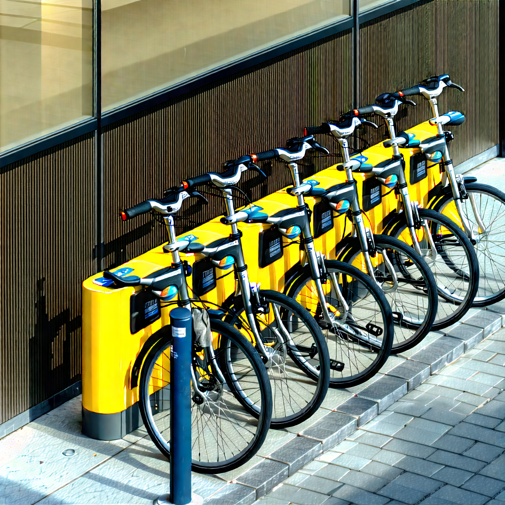 Urban Aerial Photography: (city:1.43) bicycle sharing in arts district