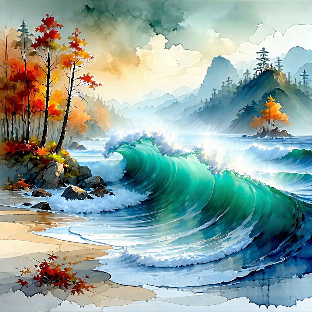 Nature Watercolor Painting: (ocean:1.3) Waves Surrounded By Autumn Trees With Beautiful Painting