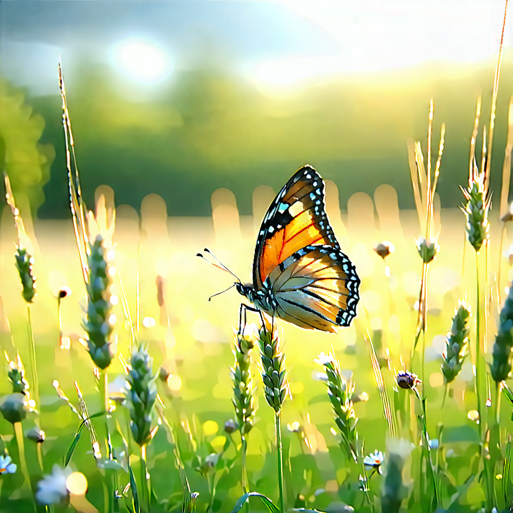 Nature Digital Illustration: Butterfly In Prairie Grassland With Beautiful Butterfly