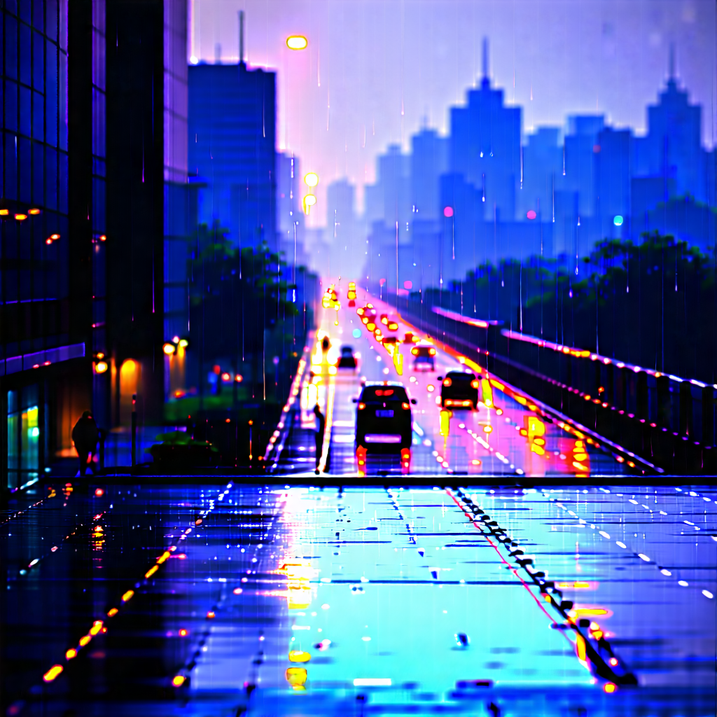 Urban Commercial Photography: Observation Deck With Rain-slicked Streets With Blue Purple