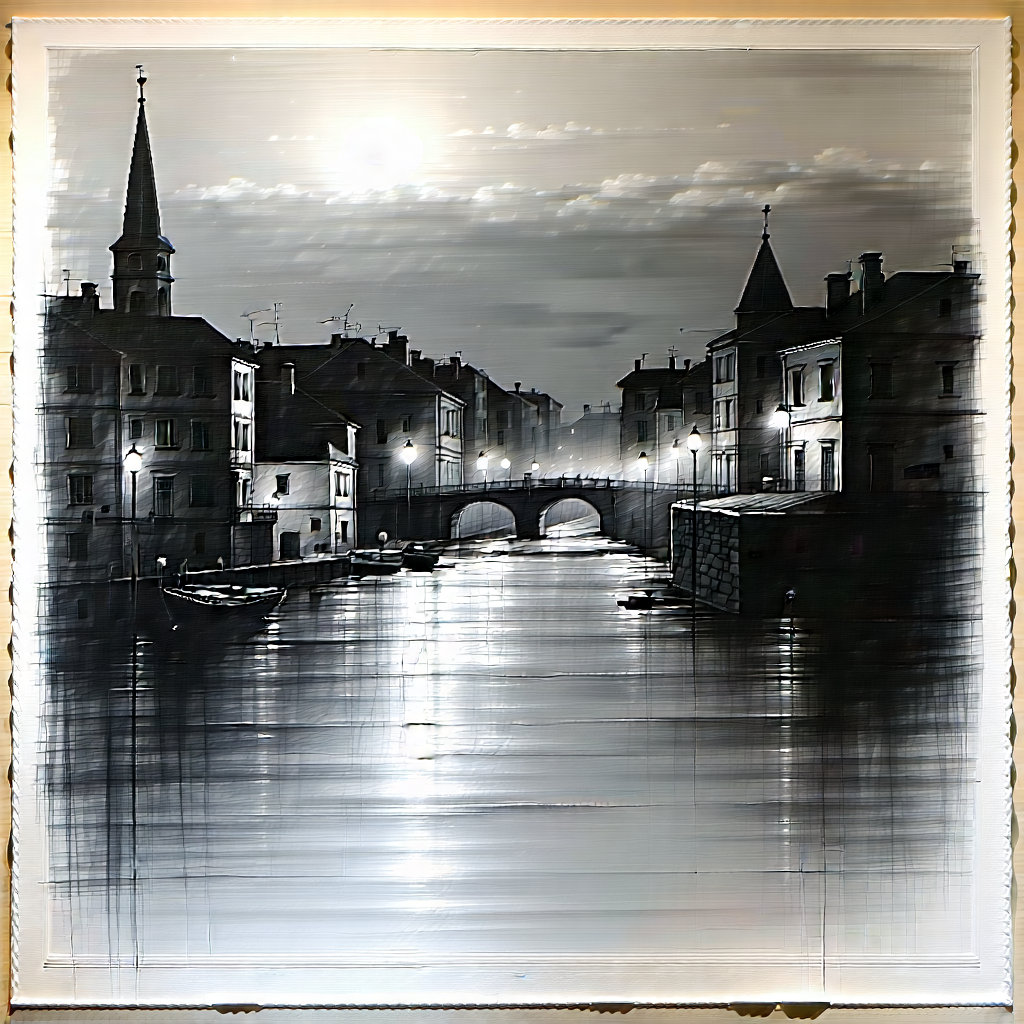 Urban Charcoal Drawing: Cityscape Of Small Town During Night With Black White