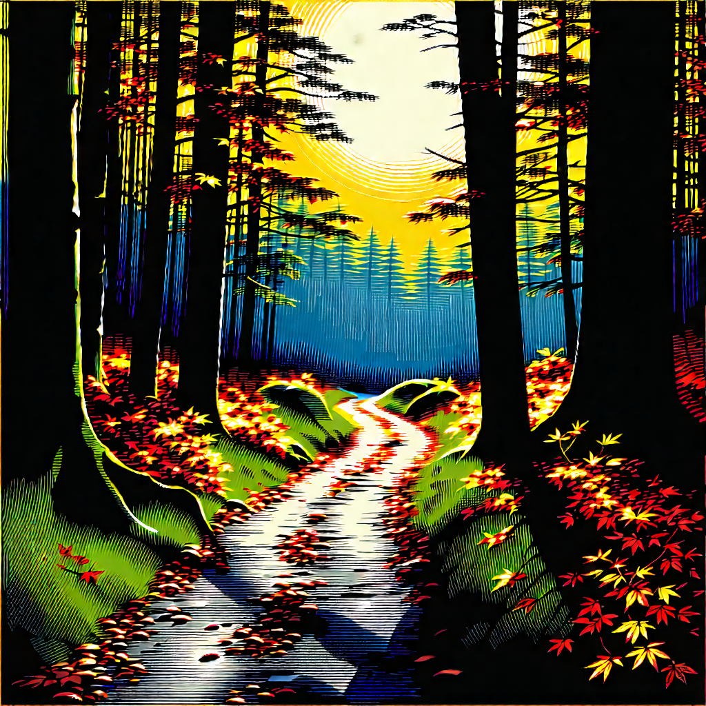Nature Woodcut Print: Path through autumn woodland