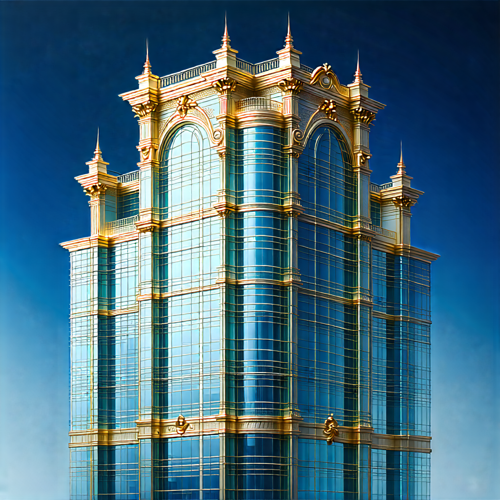 Urban Oil Painting: Glass Office Tower With Ornate Details With Large, Ornate