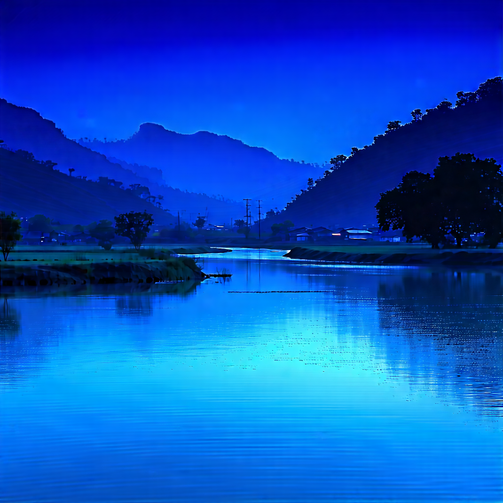 Nature Diagram Style: Valley During Blue Hour With Serene Lake