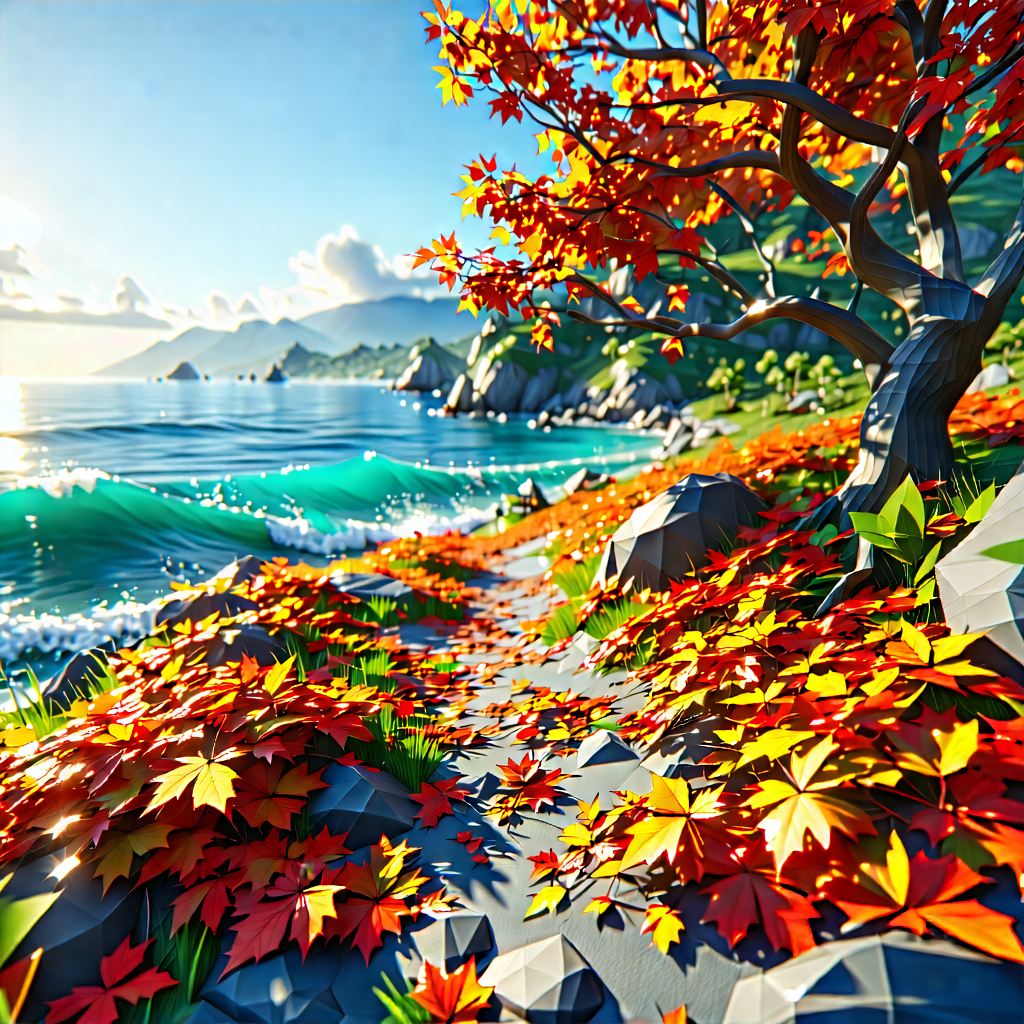 Nature Low Poly: Autumn Leaves In Coastal Environment With Beautifully Drawn