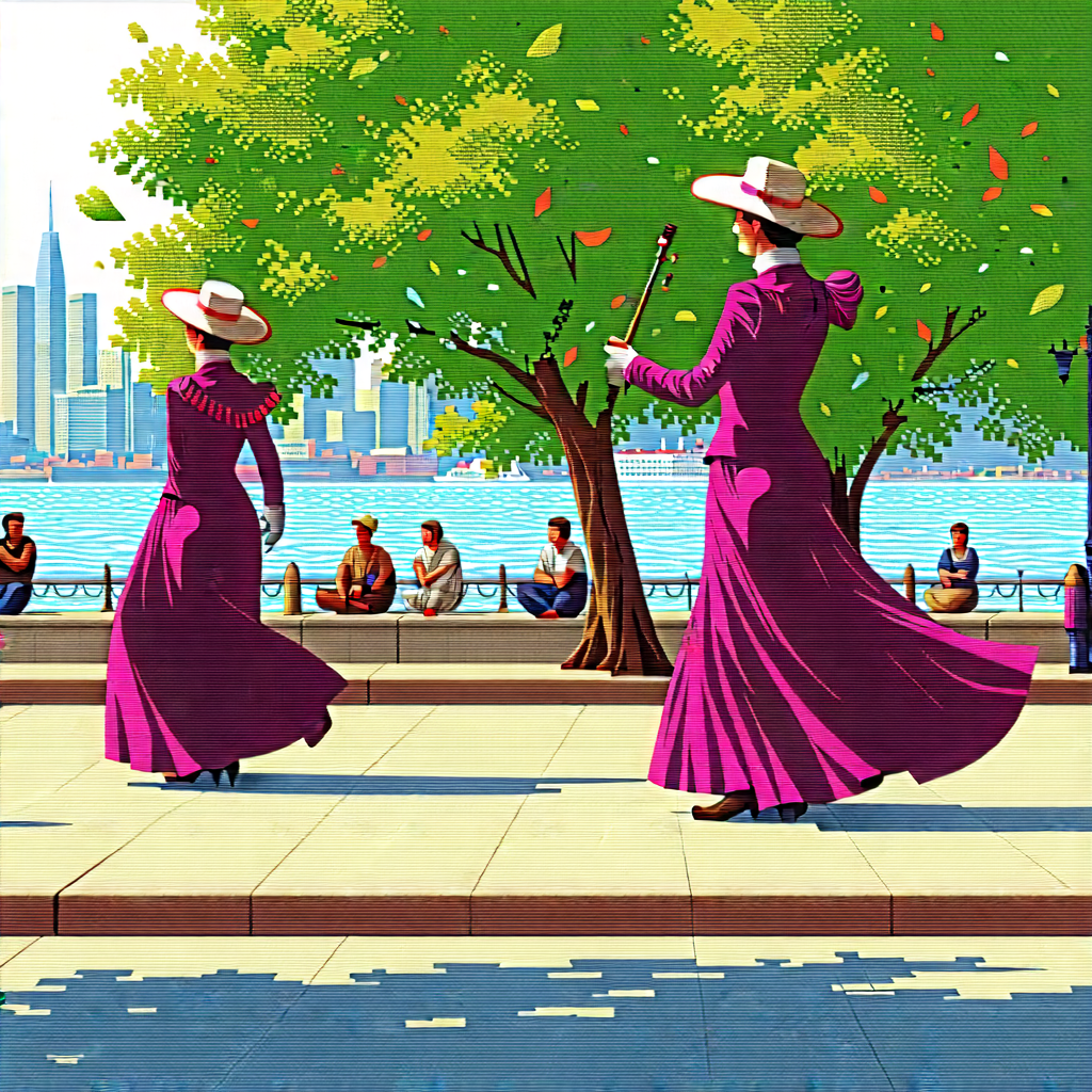Urban Vector Art: Waterfront promenade with street performance