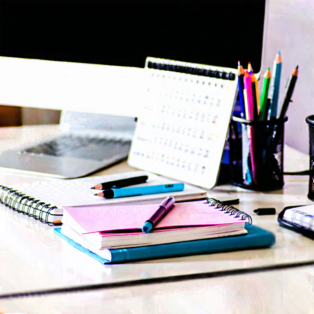 Business Tilt-Shift Photography: Workplace with notebooks and pens on desk