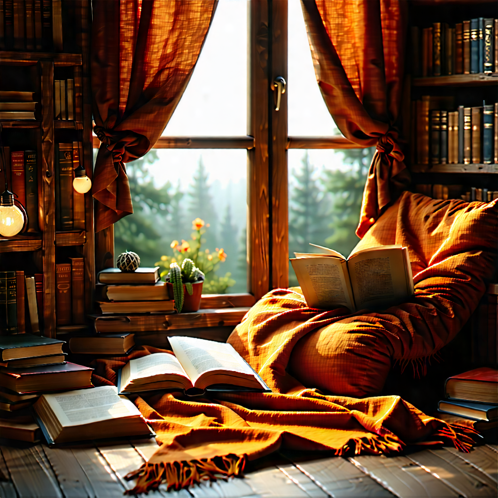 Lifestyle Etching: Reading Nook With Warm (lighting:1.26) With Cozy Reading